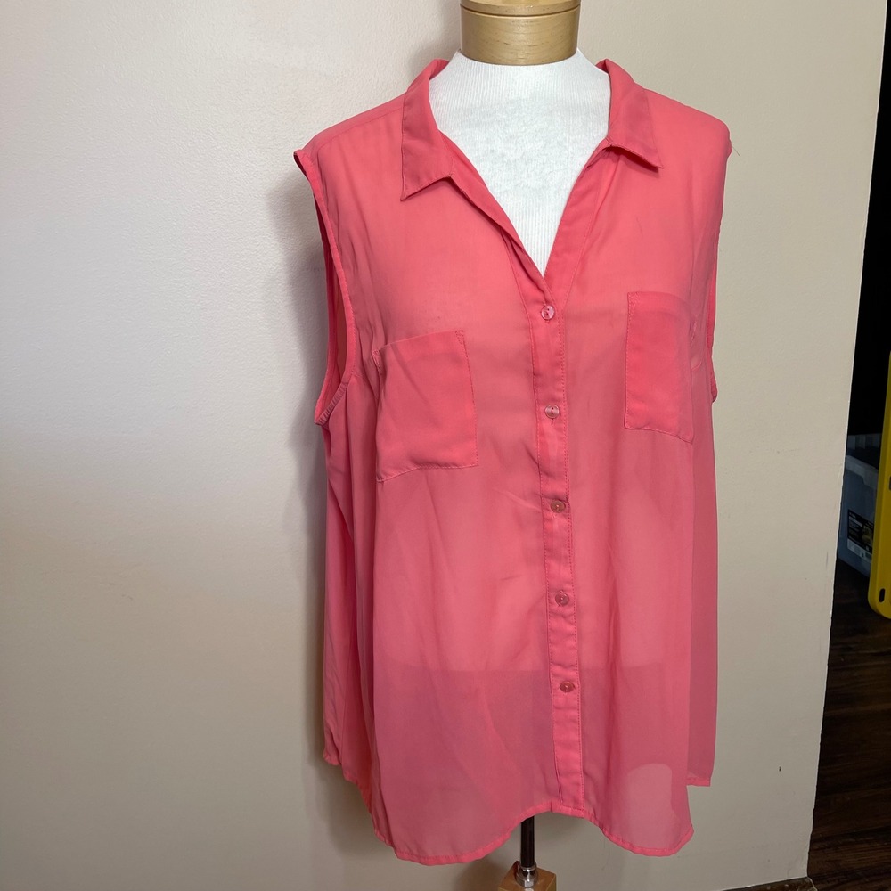 Fun & Flirt Womens 3X Coral Pink Sleeveless Button Down Chiffon High Low Blouse